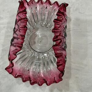 Ruffled Vintage Cranberry Swirled Bowl